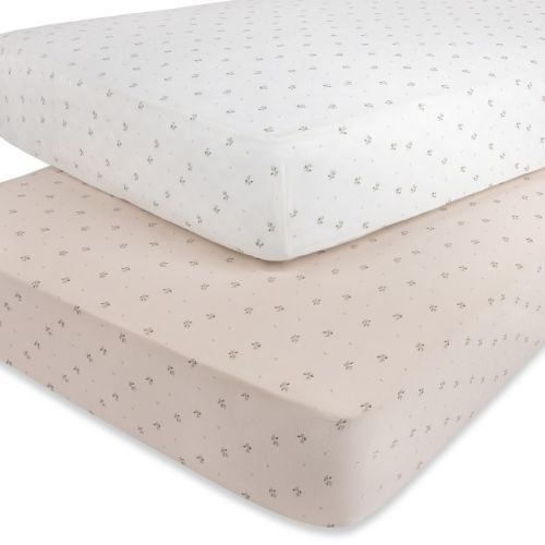 Aurora Fitted Crib Sheet Set - 2 pk - 100% Jersey Knit Cotton - Ivory/Sage Floral Printed