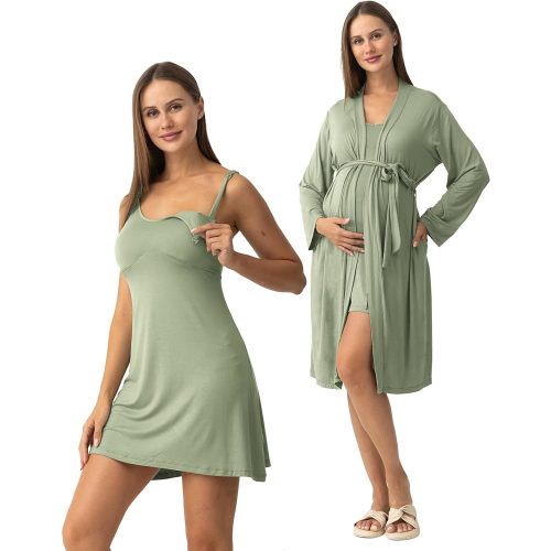 SUNNYBUY Women's Nursing Nightgown Maternity Robe Set, 3 in 1 Labor Delivery Breastfeeding Dress Postpartum Sleepwear, Greyish-green S