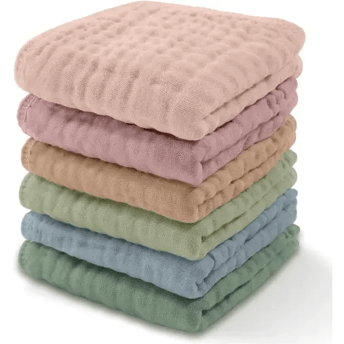 Baby Washcloths, Muslin Cotton Baby Towels, Large 10”x10” Wash Cloths Soft on Sensitive Skin for Boys & Girls, Newborn Baby & Toddlers Essentials Shower Registry Gift (Multicolor, Pack of 6)