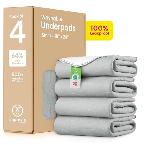 IMPROVIA® Washable Underpads 18" x 24" Pack of 4 Heavy Absorbency Reusable Bedwetting Incontinence Pads for Adults, Kids, & Pets - Waterproof Protective Pad for Bed, Couch, Sofa, Floor (White & Gray)