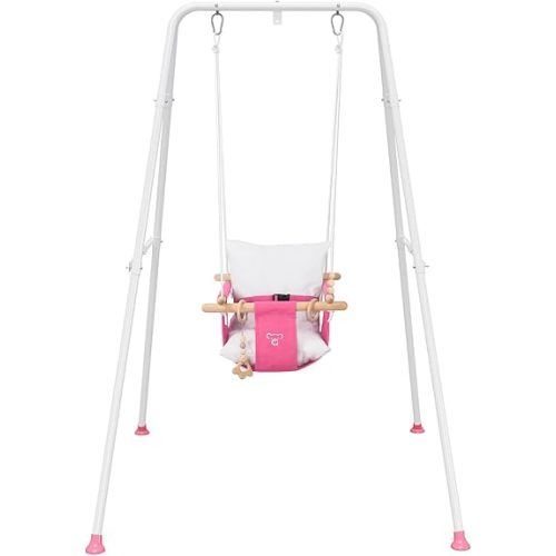 Baby Swing with Stand, Swing Set for Infant, Outdoor Indoor Swing Set with Canvas Cushion Seat (Pink)