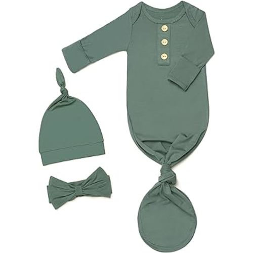 Newborn Baby Knotted Gown, Super Soft Silky Infant Sleeper, Baby Girl Sleep Gown with Mittens, Bow, and Hat Set