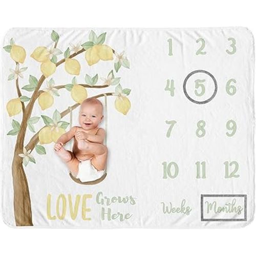 Sweet Jojo Designs Lemon Floral Girl Milestone Blanket Monthly Newborn First Year Growth Mat Baby Shower Memory Keepsake Gift Picture - Yellow Green Beige Watercolor Boho Bohemian Farmhouse Flower
