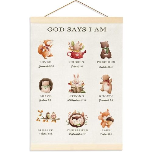 Bible Verses for Nursery Decor Banner, Woodland Nursery Wall Decor, Inspirational Christian Wall Art, Excellent Room Decor for Kids', Toddler, Playroom, and Bedrooms, God Say I Am Hanging Flag Banner