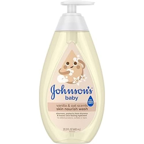 Johnson's Skin Nourishing Moisture Baby Wash, Vanilla & Oat Scents, Tear-Free, Hypoallergenic Baby Body Wash Cleanses, Protects from Dryness, & Leaves Skin Feeling Hydrated, 20.3 fl. oz