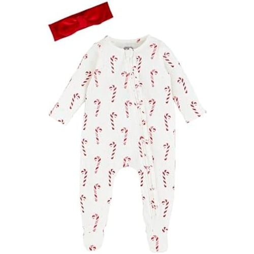 Mud Pie Girl's Baby Candy Cane Sleeper and Headband Set