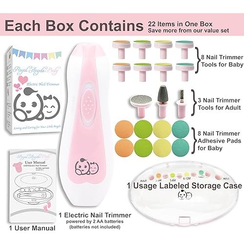 Baby Nail Trimmer 21 in 1, Usage Labeled Case & 13 Extra Replacement Tools, Royal Angels Baby Electric Nail File, Baby Nail Care, Nail Clipper Newborn Toddler Toes & Fingernails Nail Kit (Pink)