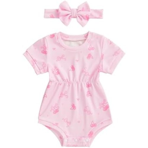Karwuiio Newborn Baby Girl 2 Piece Outfits Short Sleeve Knit Jumpsuit Romper with Headband Summer Clothes