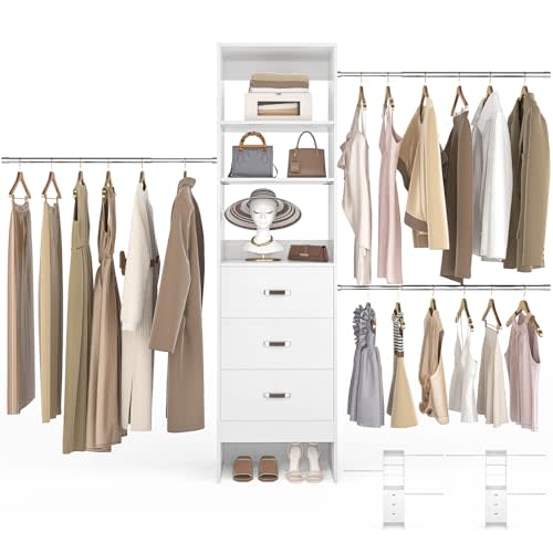 Besiost 96'' Closet Organizer System with 3 Hanging Rods (Without 3 Storage Shelves), 8FT Closet Systems, Wall Mount Bedroom Wardrobe with 3 Wood Drawers, Adjustable Garment Rack from 5 to 8FT, White