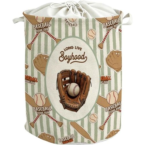 Baseball Laundry Basket, Sports Nursery Laundry Basket Hamper, Long Live Boyhood Retro Baseball Gloves Waterproof Storage Bin Toy Box Organizer for Bedroom Bathroom Boys Room Clothes Toys