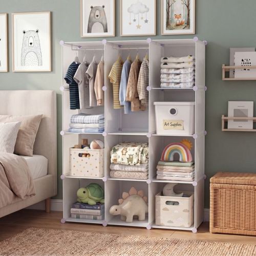 Costway 10-Cube Modular Baby Wardrobe Closet with Hanging Rods & Open Shelves for Clothes White