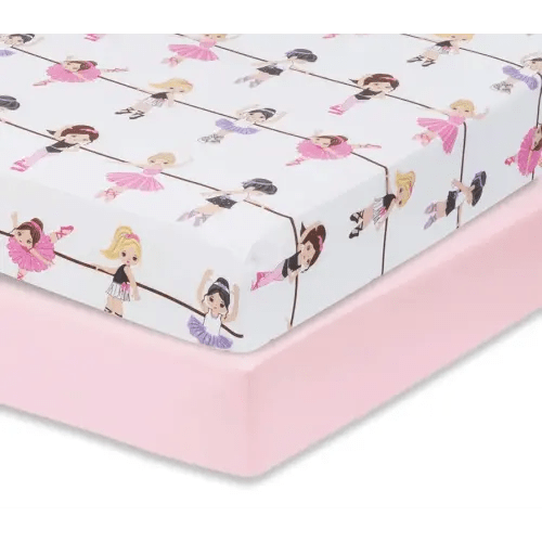 Everyday Kids 2 Pack Fitted Girls Crib Sheet, 100% Soft Breathable Microfiber Baby Sheet, Fits Standard Size Crib Mattress 28in x 52in, Nursery Sheet - Ballerina/Pink
