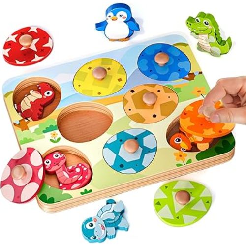 Wooden Puzzles for Toddlers 1-3, Baby Puzzle 12-18 Months, Montessori Toys for 1 2 Year Old Boys Girls Birthday Gifts, Animal Peg Puzzles for Toddlers Ages 2-4, Preschool Learning Activities