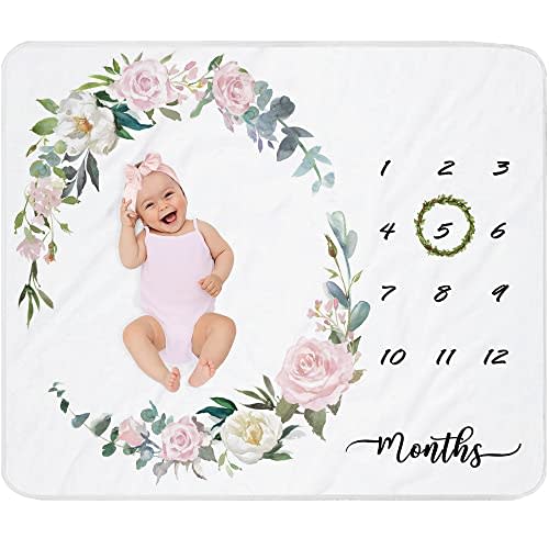 fundich Baby Milestone Blanket Girl|Newborn Monthly Milestone Blanket|Rose Nursery Decor|Baby Girl Photo Background Prop Picture Blanket with Wreath and Headband