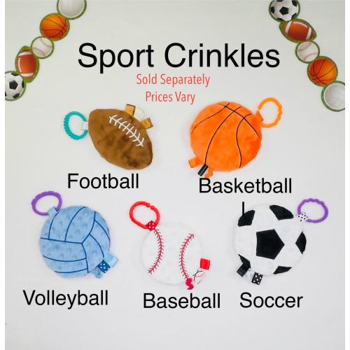 SPORT CRINKLE FUN Sensory Toy for Baby 3-9mo. 1 st Sport Baby Gift, Fun Shapes, Bright Colors, Tactile Ribbons, Noisy Crinkle Fun Gift