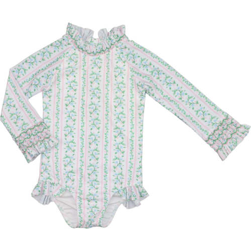 Pink And Green Floral Vines Smocked Rashguard Swimsuit – Cecil & Lou