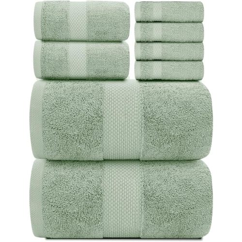 White Classic Luxury Bath Towel Set of 8 Pieces - 100% Turkish Cotton Highly Absorbent Towels for Bathroom, 2 Luxury Bath Towels 700GSM, 2 Hand Towels, 4 Washcloths, Green