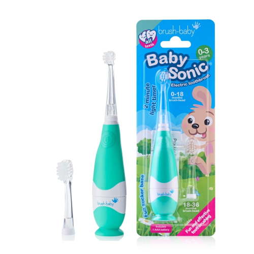 Brush-Baby BabySonic® Teal Electric Toothbrush for Babies & Toddlers Ages 0-3 Years - Smart LED Timer and Gentle Vibration Provide a Fun Brushing Experience - Includes 2 Sensitive Brush Heads
