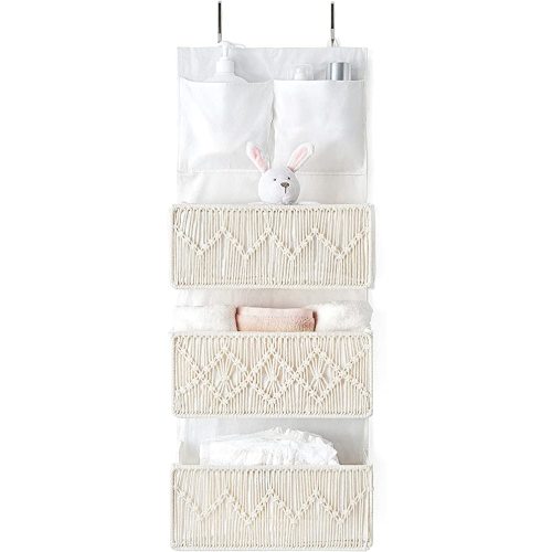 Mkono Macrame Over The Door Organizer Boho Decor Hanging Nursery Storage with 3 Large Woven Pockets, Back of Door Organizer for Bedroom Bathroom Closet Pantry Dorm, Ivory, Gifts for Mother, Girls