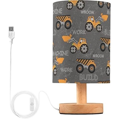Table Lamp Construction Car Truck Excavator Nightstand Lamp with Wood Base Fabric Lamp Shade Bedside Desk Lamp for Living Room Bedroom Kids Room Office