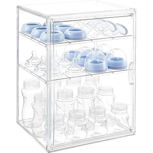 Baby Bottle Organizer, 3 Tiers Adjustable Clear Acrylic Baby Bottle Storage Organizer with 3 Removable Dividers and Magnetic Door, Suitable for Countertop and Kitchen