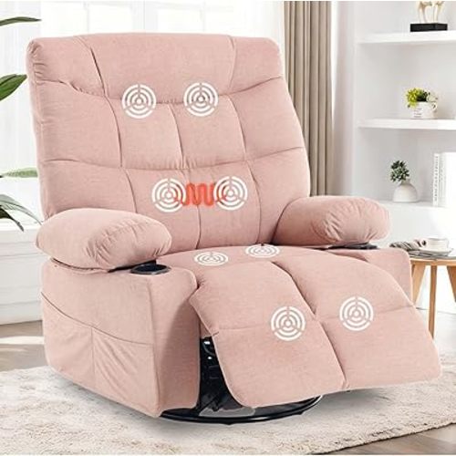 KCQ Oversized Swivel Rocker Recliner Chair with Massage and Heat, Fabric Heated Reclining Chairs Manual Recliner with Cup Holder for Adults, Nursery Rocking Glider Chair, Pink