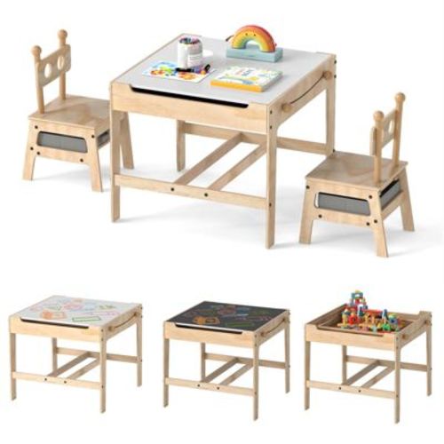 Costway Kids Table and Chairs Set 4 in 1 Children Activity Table with Reversible Whiteboard Gray+Natural