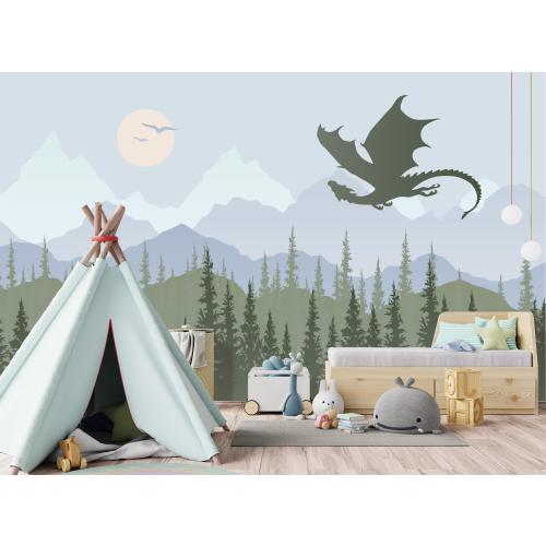Dragon Mountains Wallpaper for Boys Room Removable, Green Forest Wall Mural Peel and Stick, Pine Tree Wallpaper Canvas, Mountains Kids Decor