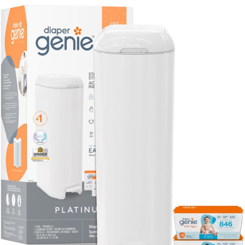 Diaper Genie Platinum Pail Gift Set, Lily White, Made of Durable Stainless Steel and Includes 2 Easy Roll Refills with 18 Bags and 30 Bags