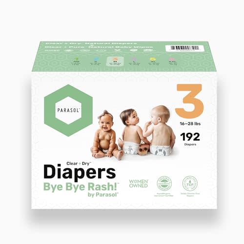 Parasol Clear+Dry Disposable Diapers and Clear+Pure Wipes, RashShield Protection, Size 3 (16-28 lbs), Diaper Bundle of 192 Diapers & 240 Wipes