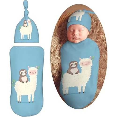 KiuLoam Blue Cute Cartoon Alpaca Sloth Swaddle Blanket with Beanie Hat Set Newborn Receiving Blankets Baby Swaddle Wrap Soft Sleep Sack for Baby Boys and Girls