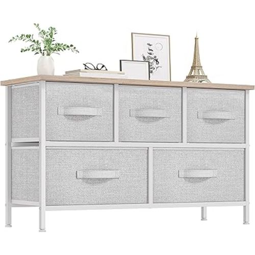 YITAHOME Dresser with 5 Drawers - Fabric Storage Tower, Organizer Unit for Bedroom, Living Room, Closets - Sturdy Steel Frame, Wooden Top