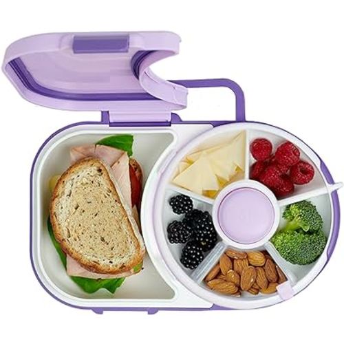 GoBe Kids Lunchbox with Detachable Snack Spinner + Hand Strap & Sticker Sheet, Reusable Bento Style Lunch Container 5 Small +1 Large Sandwich Compartment, BPA & PVC Free, Dishwasher Safe (Taro Purple)