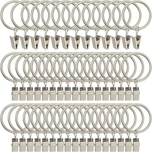 60 Pack Metal Curtain Rings with Clips, Curtain Clip Rings Hooks for Hanging Drapery Drapes Bows, Curtain Rod Rings 1.5 inch Interior Diameter, Matte Silver