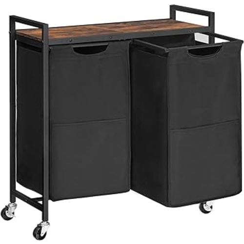 HOOBRO Laundry Hamper, Laundry Sorter 2 Section, 2 × 13 Gal (49.5L), Laundry Basket with Wheels, Rolling Cart, Pull-Out and Removable Oxford Fabric Laundry Bags, Rustic Brown and Black BF72XY01