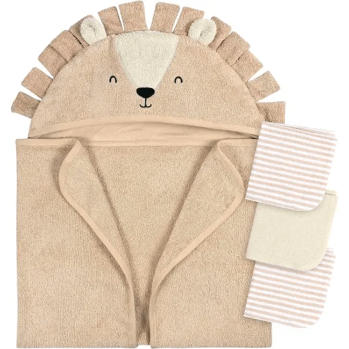 Gerber Baby 4 Piece Animal Character Hooded Towel and Washcloth Set, Brown Lion, One Size