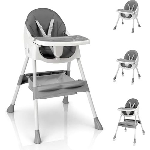 Ktaxon Foldable Baby High Chair, 2-in-1 Portable Convertible Highchair with 5-Point Safety Harness, Easy to Clean Tray and Storage Bag for Toddlers & Babies, Grey