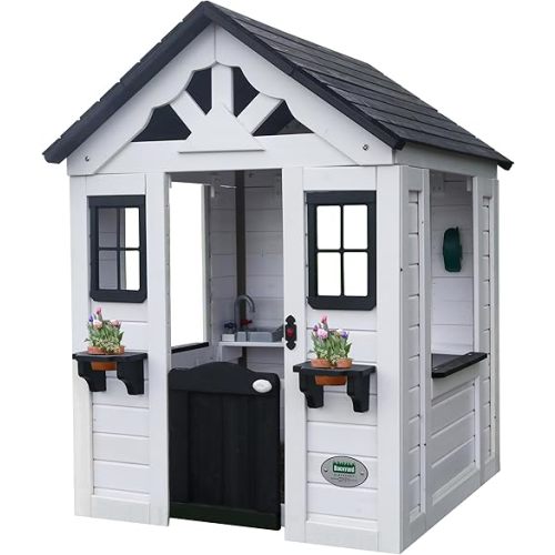 Backyard Discovery Sweetwater White Cedar Wooden Kids Playhouse Cottage with Play Kitchen, Snack Bar, Half Door, Toy Phone, Windows, Flowerpot Holders, Working Doorbell for Outdoor Imaginative Play