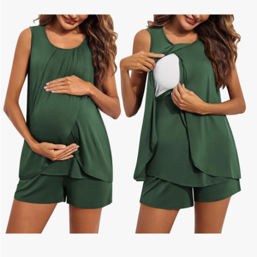 Ekouaer Women Maternity Nursing Pajama Set Breastfeeding Sleepwear Double Layer Sleeveless Top & Shorts Pregnancy PJS