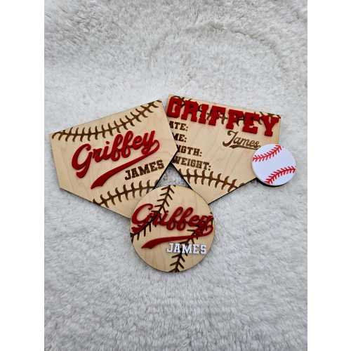 Baseball birth announcement sign newborn name sign baseball home plate birth stat hospital name sign wooden little slugger theme name sign
