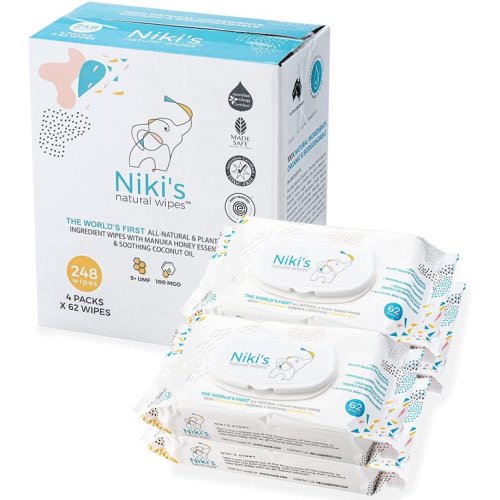 Niki's Natural Baby Wipes | Organic Baby Wipes Sensitive | Made with Manuka Honey and Coconut Oil | EWG Verified | 248 Wipes (4 Pack x 62 Wipes)