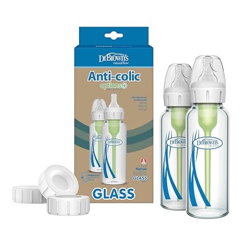 Dr. Brown's Natural Flow Anti-Colic Options+ Narrow Glass Baby Bottle 8 oz/250 mL & Travel and Storage Baby Bottle Caps for Natural Flow and Options+ Baby Bottles - 3-Pack - Narrow
