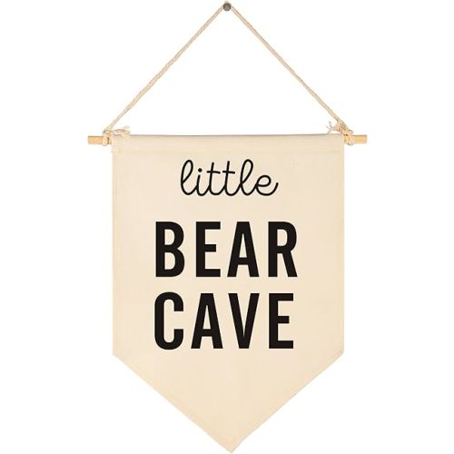 Bear Canvas Banner Flag Sign Pennant Wall Decor Gift for Baby Kid Nursery Bedroom Playroom Reading Room-Baby,Shower,Birthday Christmas Gift-Little Bear Cave-15.4"x11"