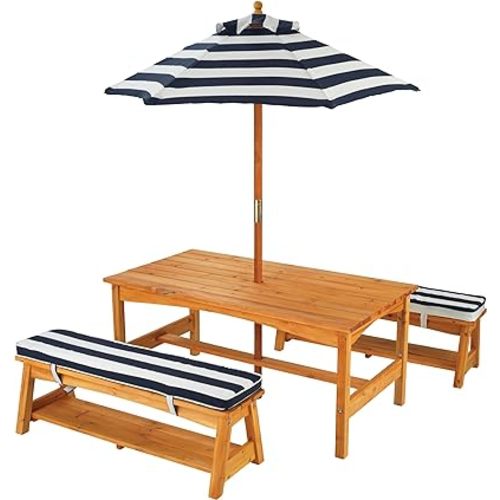 KidKraft Outdoor Wooden Table & Bench Set with Cushions and Umbrella, Kids Backyard Furniture, Navy and White Stripe Fabric