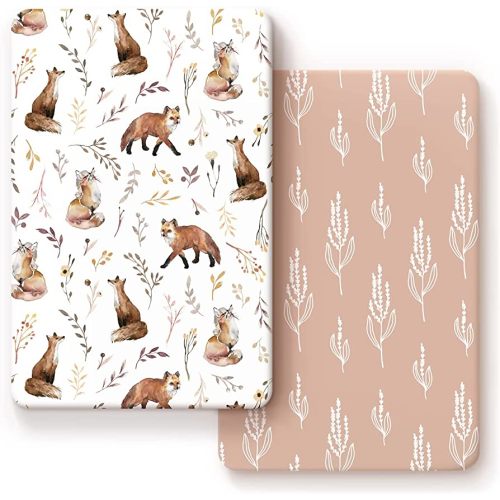 GRSSDER Stretchy Ultra Soft Jersey Knit Fitted Pack n Play Sheets Set 2 Pack, Fit Portable/Mini Crib, Playards Mattress Pads Safe and Snug, Pretty Fox for Baby Girls