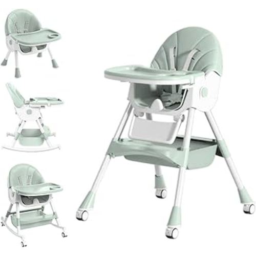 Baby High Chair, 5 in 1 High Chairs for Babies and Toddlers, Travel Foldable High Chair with Foot Rest, Detachable PU Cushion, Double Removable Tray, Adjustable Height & Recline, Locking Wheels