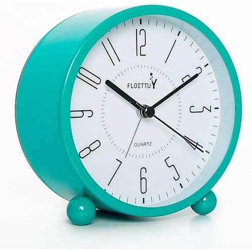 Super Silent Metal Alarm Clock,Beep Wake Round Alarm Clock with Night Light,Battery Operated,Easy Set,Simple & Retro for Desk, Bedroom and Home Decoration(Lake Blue)