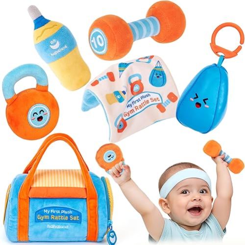 hahaland Baby Toys 6-12 Months - Baby Toys 3-6 Months Montessori Toy for 6 Month Old, Sensory Toy for Babies Workout Weights Dumbbell Toy Set with Soft Rattles Mirror, Babies Girl Boy Gifts