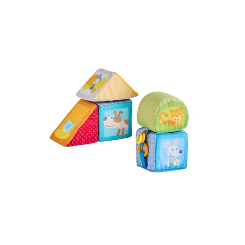 Animal Soft Baby Blocks for 6-12 Months - 5 Geometric Shape Baby Sensory Toys with Rattle, Mirror, Squeaker & Crinkle Foil