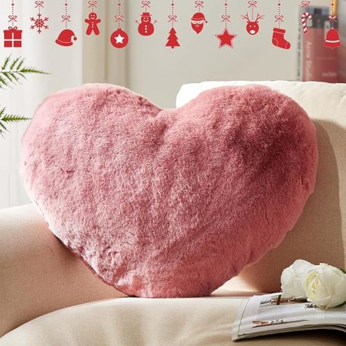 YRXRUS Heart Pillows, Christmas Pillow, Love Heart Shaped Pillow, Small Cute Rose Heart Pillows for Christmas Winter Gifts, Faux Rabbit Throw Pillows for Her, Kids, Girls Home Decoration, 10X11 Inch